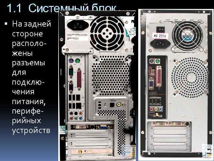 1. 1 Системный блок.  На задней  стороне  располо-  жены 
