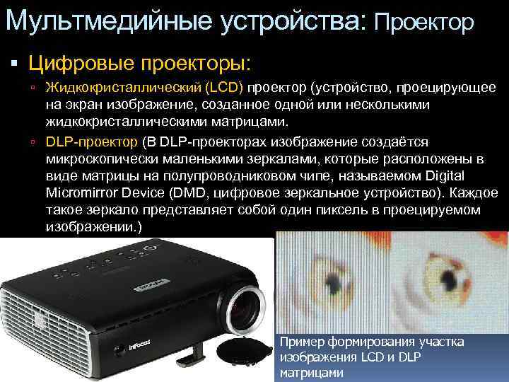 Мультмедийные устройства: Проектор  Цифровые проекторы: Жидкокристаллический (LCD) проектор (устройство, проецирующее на экран изображение,