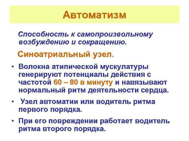   Автоматизм Способность к самопроизвольному возбуждению и сокращению.  Синоатриальный узел.  •