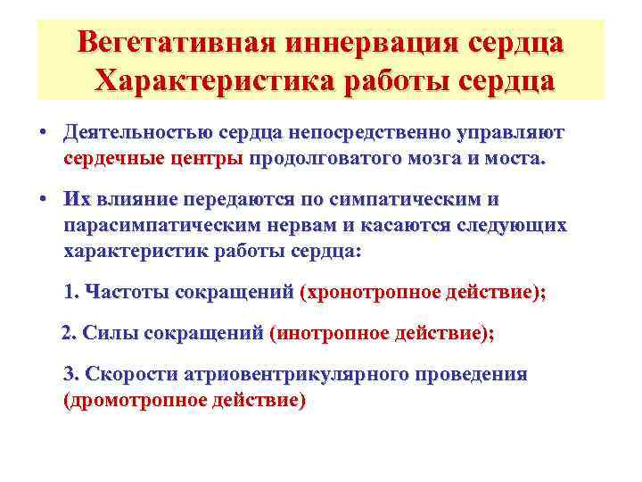   Вегетативная иннервация сердца Характеристика работы сердца • Деятельностью сердца непосредственно управляют 