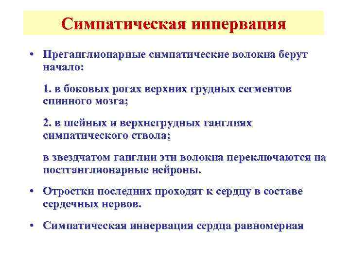  Симпатическая иннервация • Преганглионарные симпатические волокна берут  начало:  1. в боковых