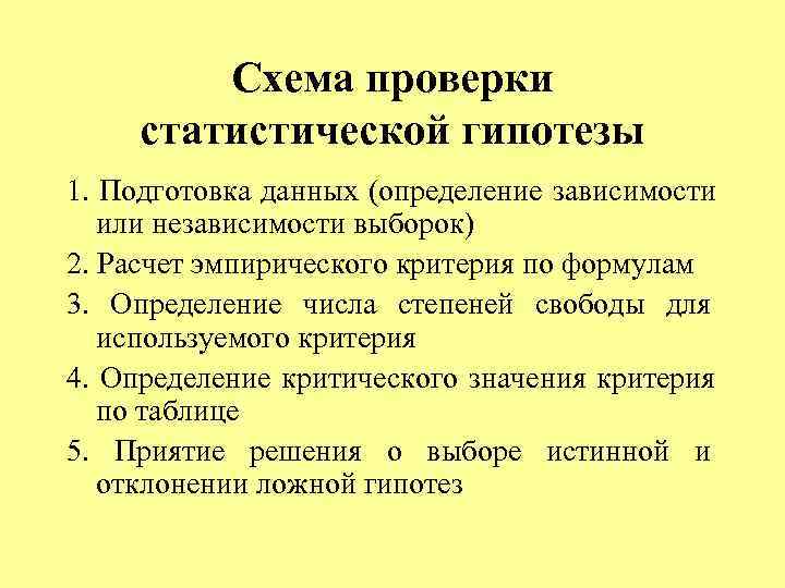    Схема проверки статистической гипотезы 1. Подготовка данных (определение зависимости  или