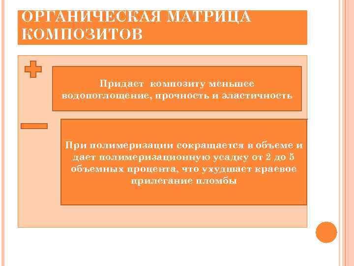 ОРГАНИЧЕСКАЯ МАТРИЦА КОМПОЗИТОВ  Придает композиту меньшее  водопоглощение, прочность и эластичность  При