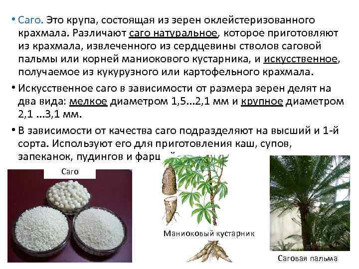  • Саго. Это крупа, состоящая из зерен оклейстеризованного  крахмала. Различают саго натуральное,