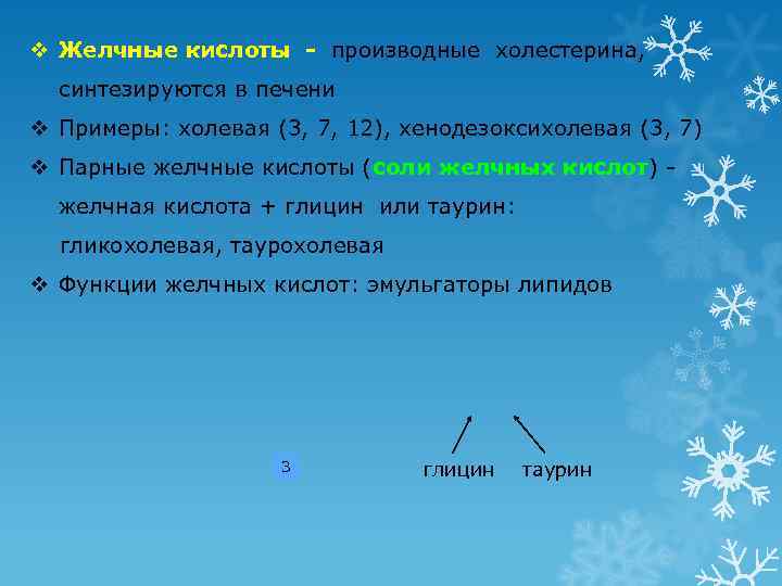 v Желчные кислоты - производные холестерина,  синтезируются в печени v Примеры: холевая (3,