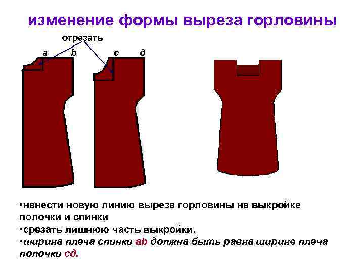  изменение формы выреза горловины   отрезать a  b   с