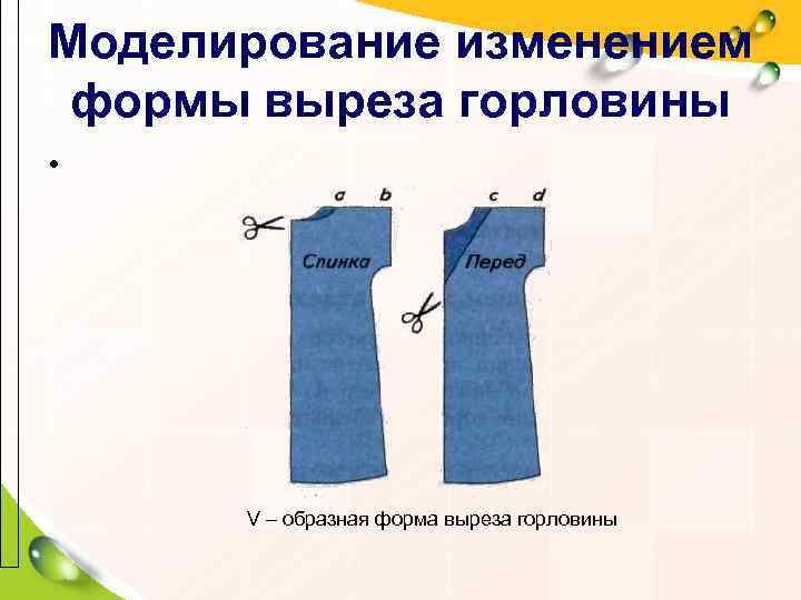 Моделирование изменением формы выреза горловины •  V – образная форма выреза горловины 