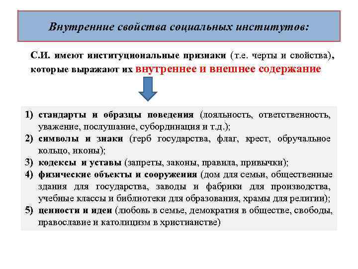  Внутренние свойства социальных институтов:  С. И.  имеют институциональные признаки ( т.