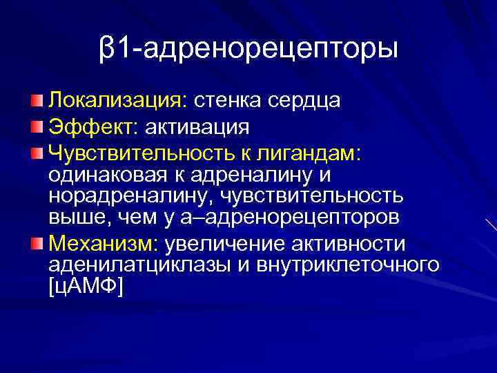  β 1 -адренорецепторы Локализация: стенка сердца Эффект: активация Чувствительность к лигандам: одинаковая