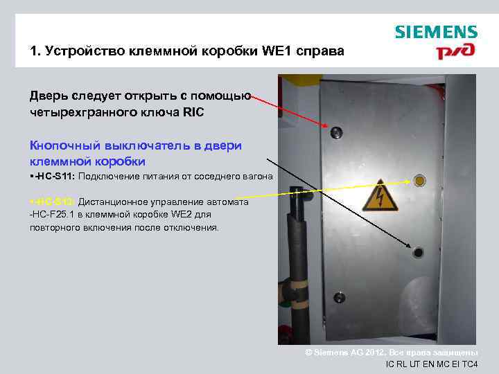 1. Устройство клеммной коробки WE 1 справа  Дверь следует открыть с помощью четырехгранного