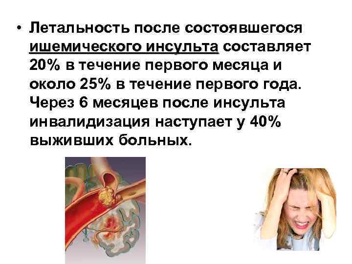  • Летальность после состоявшегося  ишемического инсульта составляет  ишемического инсульта  20%