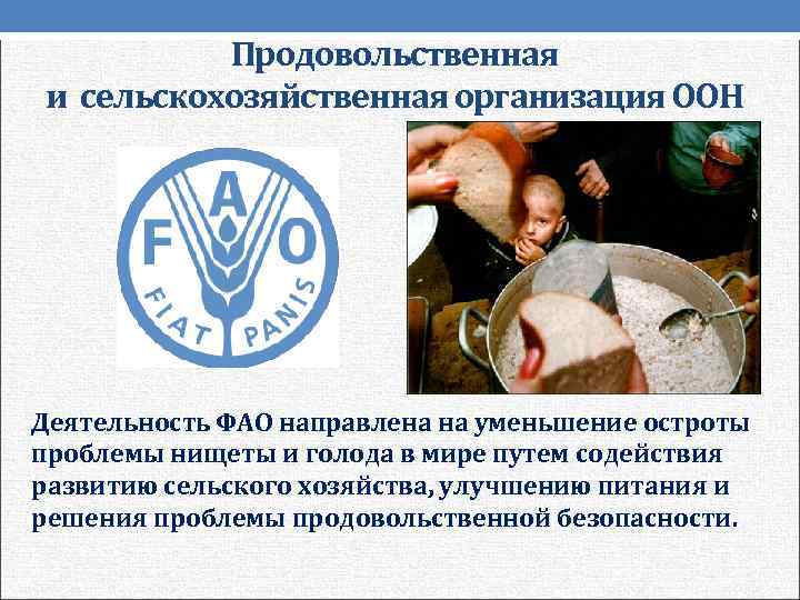   Продовольственная и сельскохозяйственная организация ООН Деятельность ФАО направлена на уменьшение остроты проблемы
