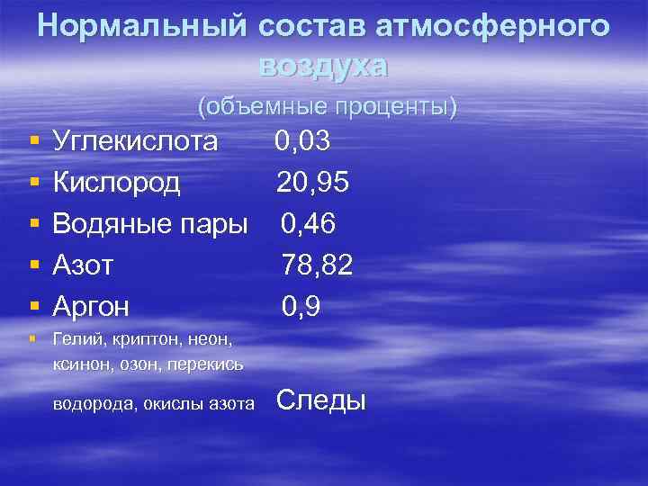 Нормальный состав атмосферного  воздуха    (объемные проценты) §  Углекислота 0,