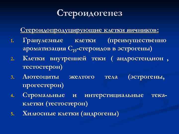 Стероидогенез Стероидопродуцирующие клетки яичников: 1. Гранулезные клетки (преимущественно ароматизация Стероидогенез Стероидопродуцирующие клетки яичников: 1. Гранулезные клетки (преимущественно ароматизация