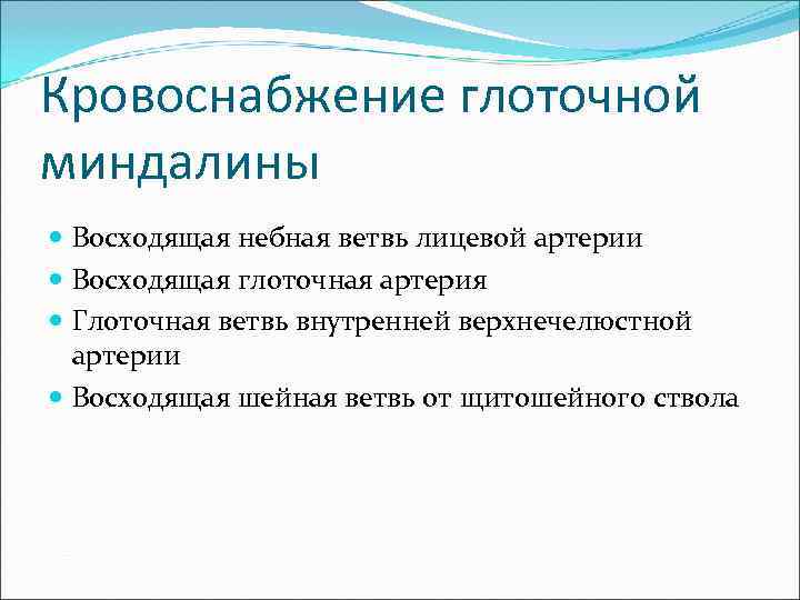 Кровоснабжение глоточной миндалины  Восходящая небная ветвь лицевой артерии  Восходящая глоточная артерия 