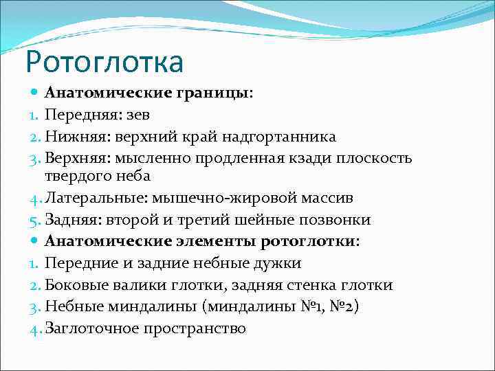 Ротоглотка  Анатомические границы: 1. Передняя: зев 2. Нижняя: верхний край надгортанника 3. Верхняя: