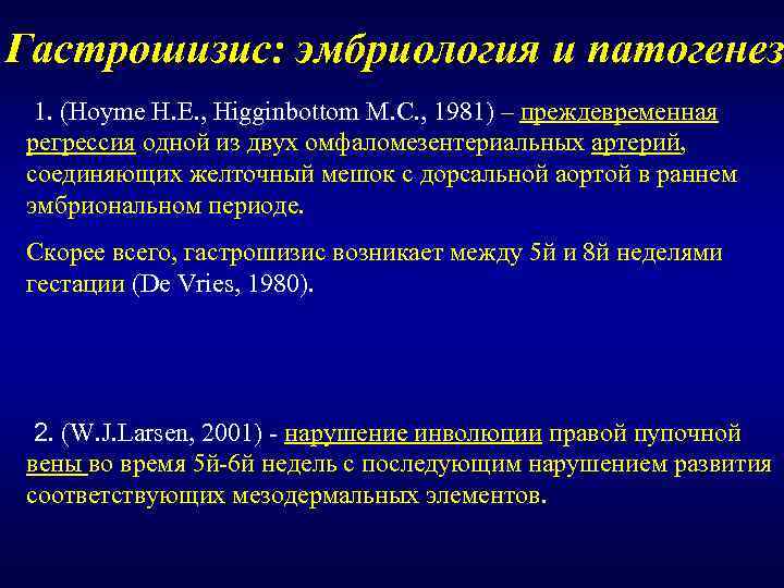 Гастрошизис: эмбриология и патогенез 1. (Hoyme H. E. , Higginbottom M. C. , 1981)