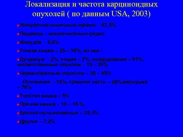  Локализация и частота карциноидных  опухолей ( по данным USA, 2003) n 