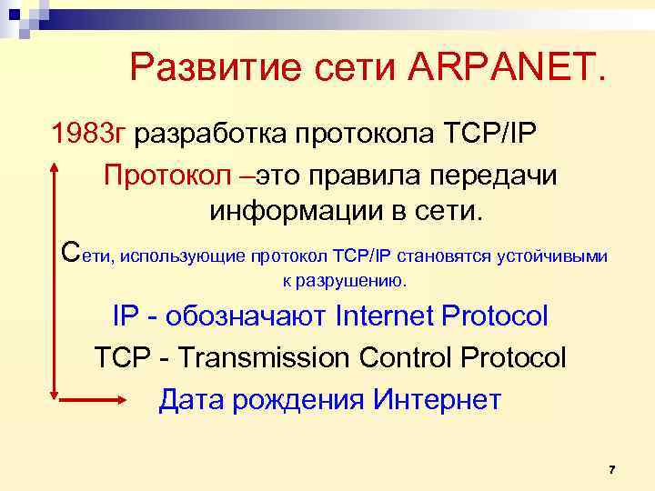   Развитие сети ARPANET. 1983 г разработка протокола TCP/IP Протокол –это правила передачи