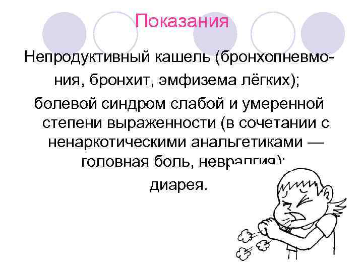    Показания Непродуктивный кашель (бронхопневмо- ния, бронхит, эмфизема лёгких);  болевой синдром