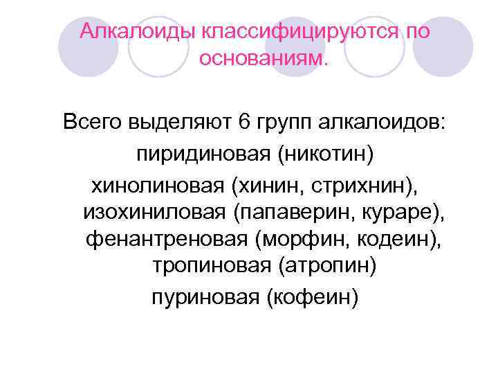  Алкалоиды классифицируются по   основаниям.  Всего выделяют 6 групп алкалоидов: 