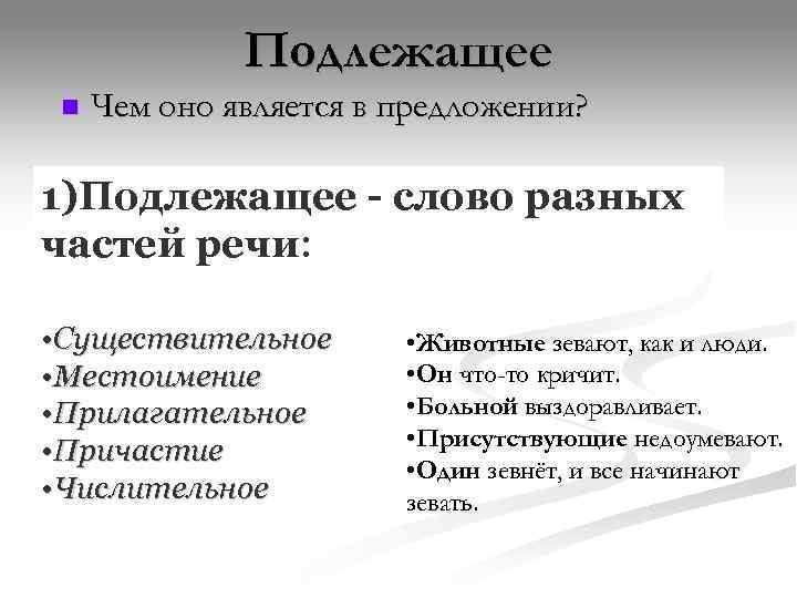    Подлежащее n  Чем оно является в предложении?  1)Подлежащее -