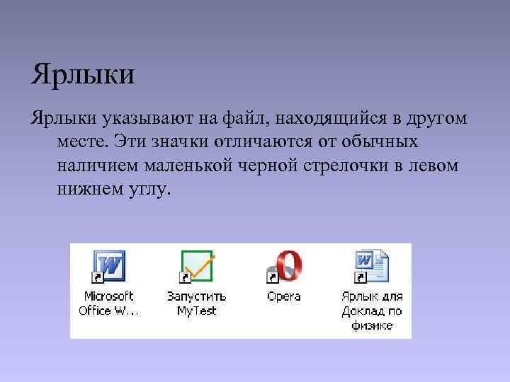 На рабочем столе размещаются небольшие картинки объектов