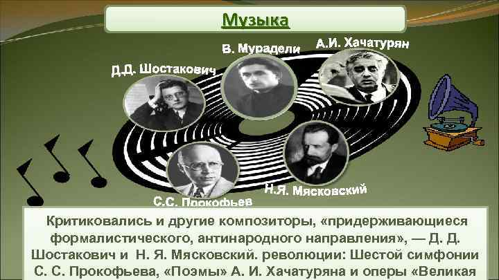 Музыка Критиковались и другие композиторы, «придерживающиеся созданных Музыка Критиковались и другие композиторы, «придерживающиеся созданных