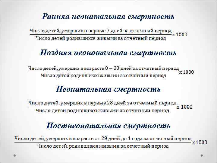 Определить ранний. Поздняя неонатальная смертность. Показатель неонатальный смертности. Коэффициент ранней неонатальной смертности. Постнеонатальная смертность формула.