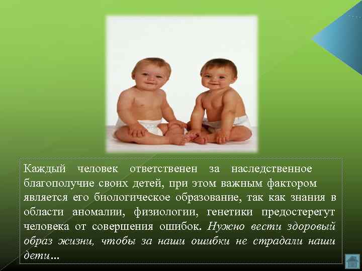 Каждый человек ответственен за наследственное благополучие своих детей, при этом важным фактором является его