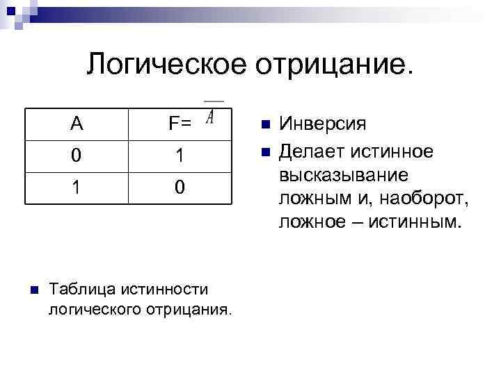    Логическое отрицание.  A  F=   n  Инверсия