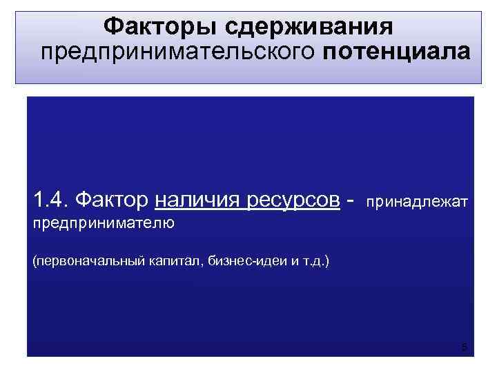  Факторы сдерживания предпринимательского потенциала 1. 4. Фактор наличия ресурсов -   принадлежат