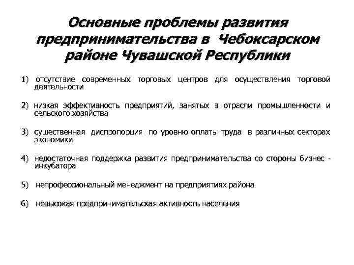   Основные проблемы развития  предпринимательства в Чебоксарском  районе Чувашской Республики 1)