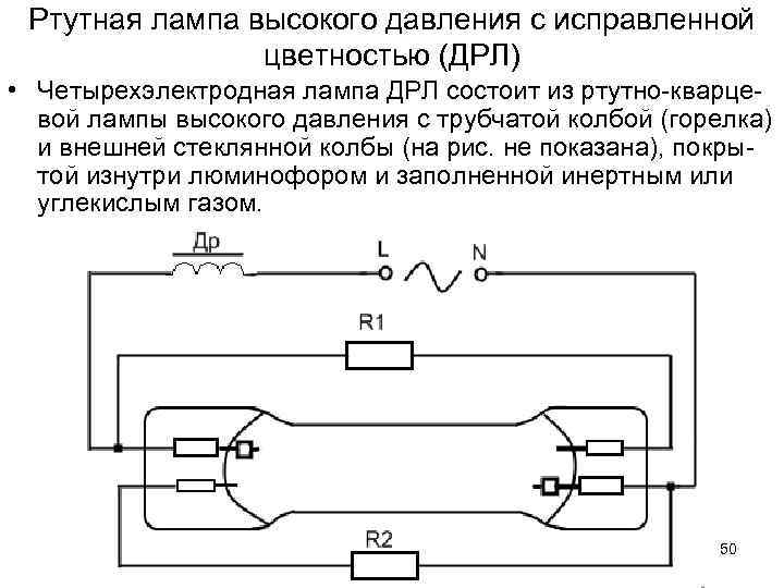 Ртутная лампа высокого давления с исправленной цветностью (ДРЛ) • Четырехэлектродная лампа Ртутная лампа высокого давления с исправленной цветностью (ДРЛ) • Четырехэлектродная лампа