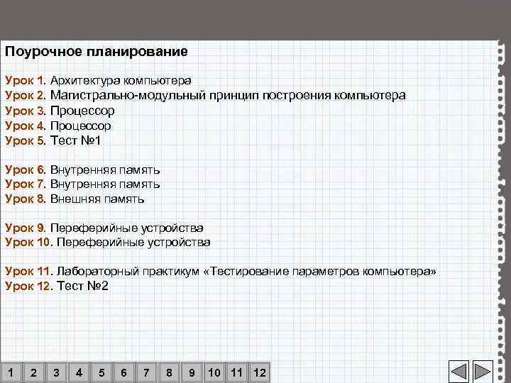 Поурочное планирование Урок 1. Архитектура компьютера Урок 2. Магистрально-модульный принцип построения компьютера Урок 3.
