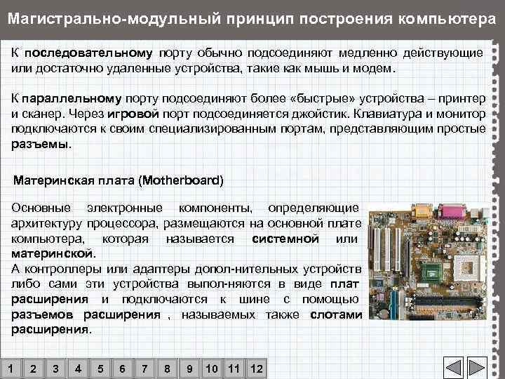 Магистрально-модульный принцип построения компьютера К последовательному порту обычно подсоединяют медленно действующие или достаточно удаленные