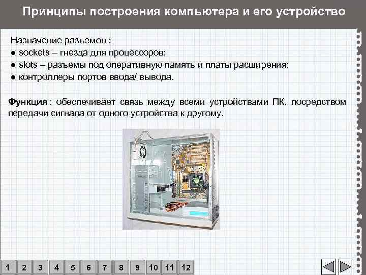  Принципы построения компьютера и его устройство Назначение разъемов :  ● sockets –