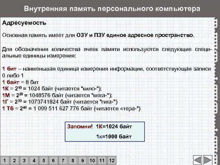   Внутренняя память персонального компьютера Адресуемость Основная память имеет для ОЗУ и ПЗУ