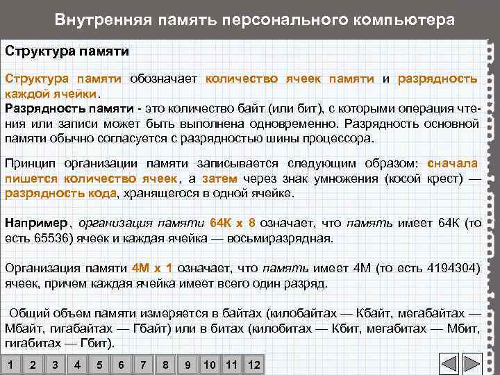   Внутренняя память персонального компьютера Структура памяти обозначает количество ячеек памяти и разрядность