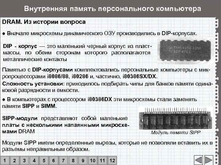   Внутренняя память персонального компьютера DRAM. Из истории вопроса ● Вначале микросхемы динамического
