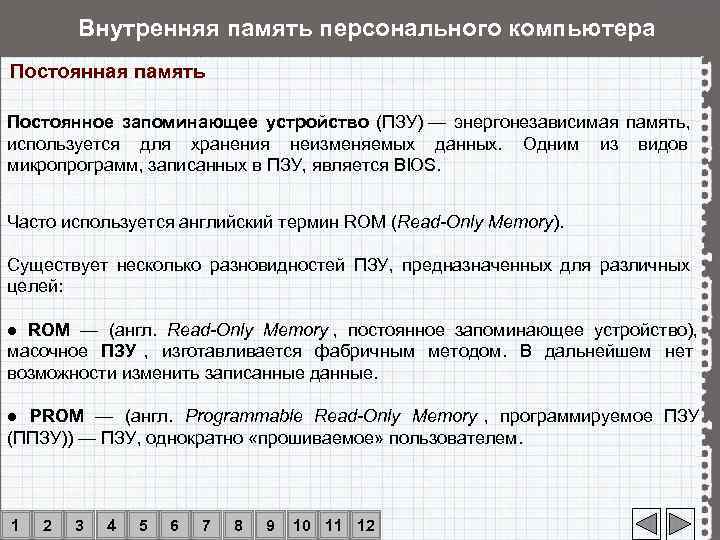   Внутренняя память персонального компьютера Постоянная память Постоянное запоминающее устройство (ПЗУ) — энергонезависимая