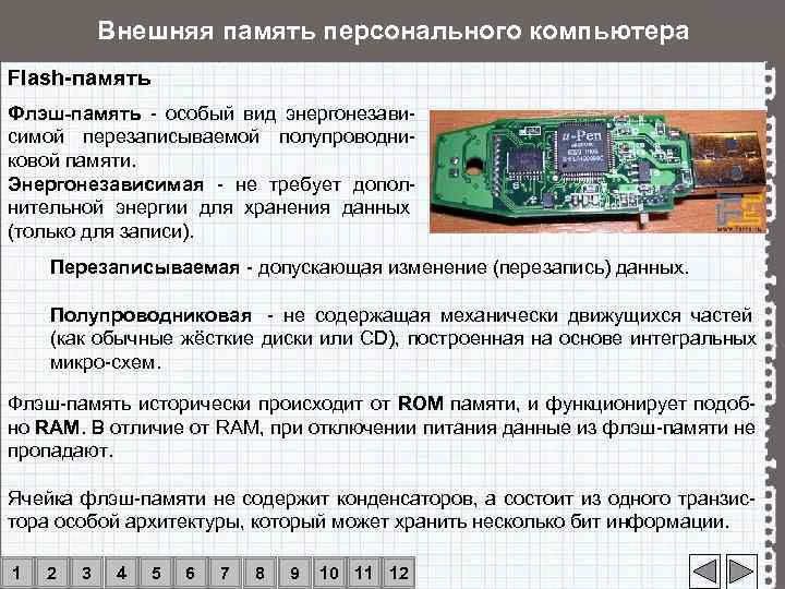   Внешняя память персонального компьютера Flash-память Флэш-память - особый вид энергонезави- симой перезаписываемой