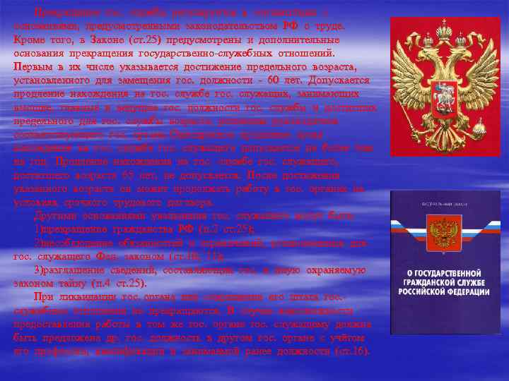   Прекращение гос. службы регулируется в соответствии с основаниями, предусмотренными законодательством РФ о