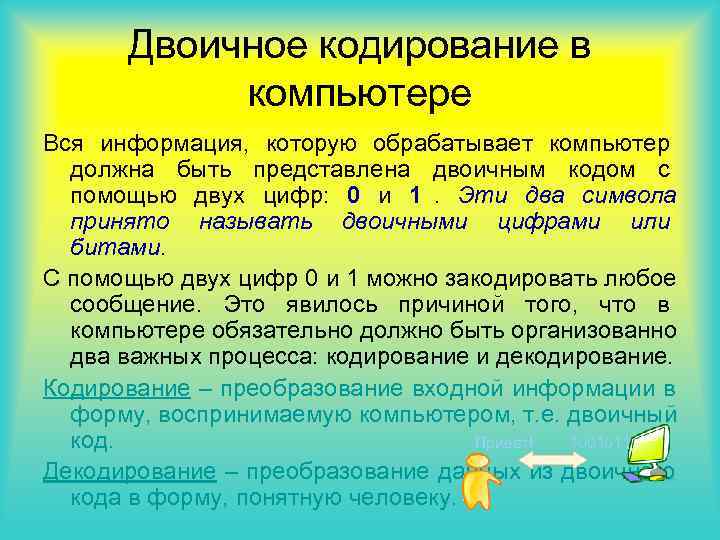 Двоичное кодирование в компьютере Вся информация, которую обрабатывает компьютер должна быть Двоичное кодирование в компьютере Вся информация, которую обрабатывает компьютер должна быть