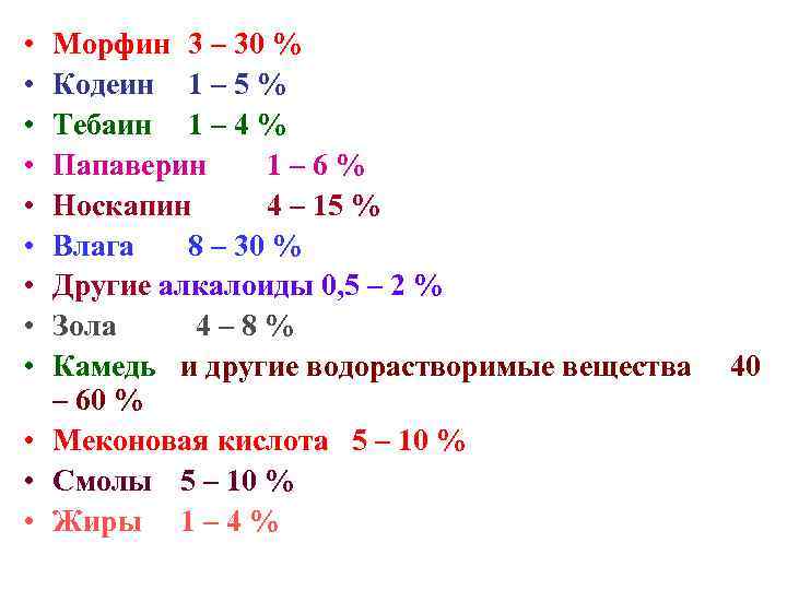  • Морфин 3 – 30 % • Кодеин 1 – 5 % •