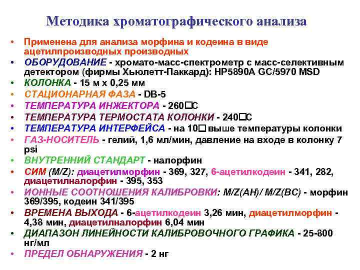   Методика хроматографического анализа •  Применена для анализа морфина и кодеина в