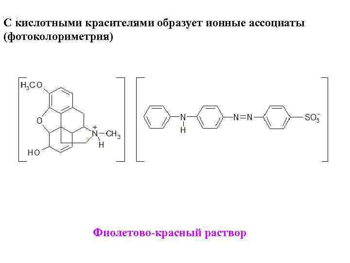 С кислотными красителями образует ионные ассоциаты  •  . (фотоколориметрия)   