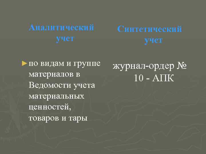  Аналитический  Синтетический  учет ► по видам и группе  журнал-ордер №