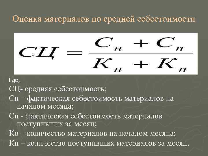  Оценка материалов по средней себестоимости Где, СЦ- средняя себестоимость; Сн – фактическая себестоимость