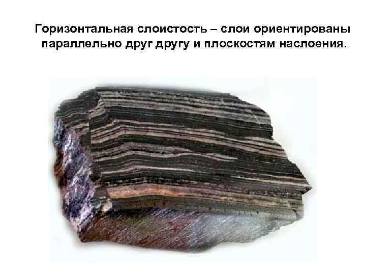 Горизонтальная слоистость – слои ориентированы параллельно другу и плоскостям наслоения. 